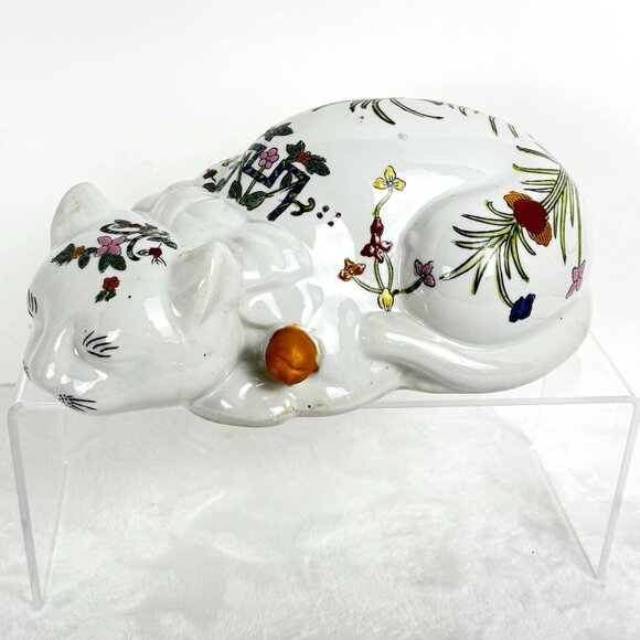 VTG Chinoiserie Sleeping Lucky Cat Figurine Ceramic Hand Painted MCM - Picture 2 of 15